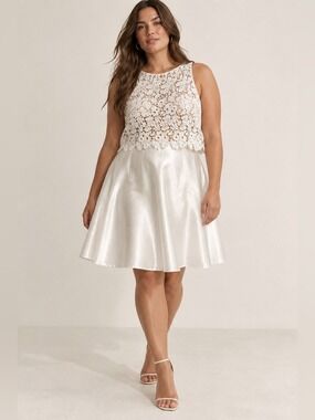 Yaya & Co Lace Crochet Top Satin A-line Skirt White Evening Wedding Mini Dress